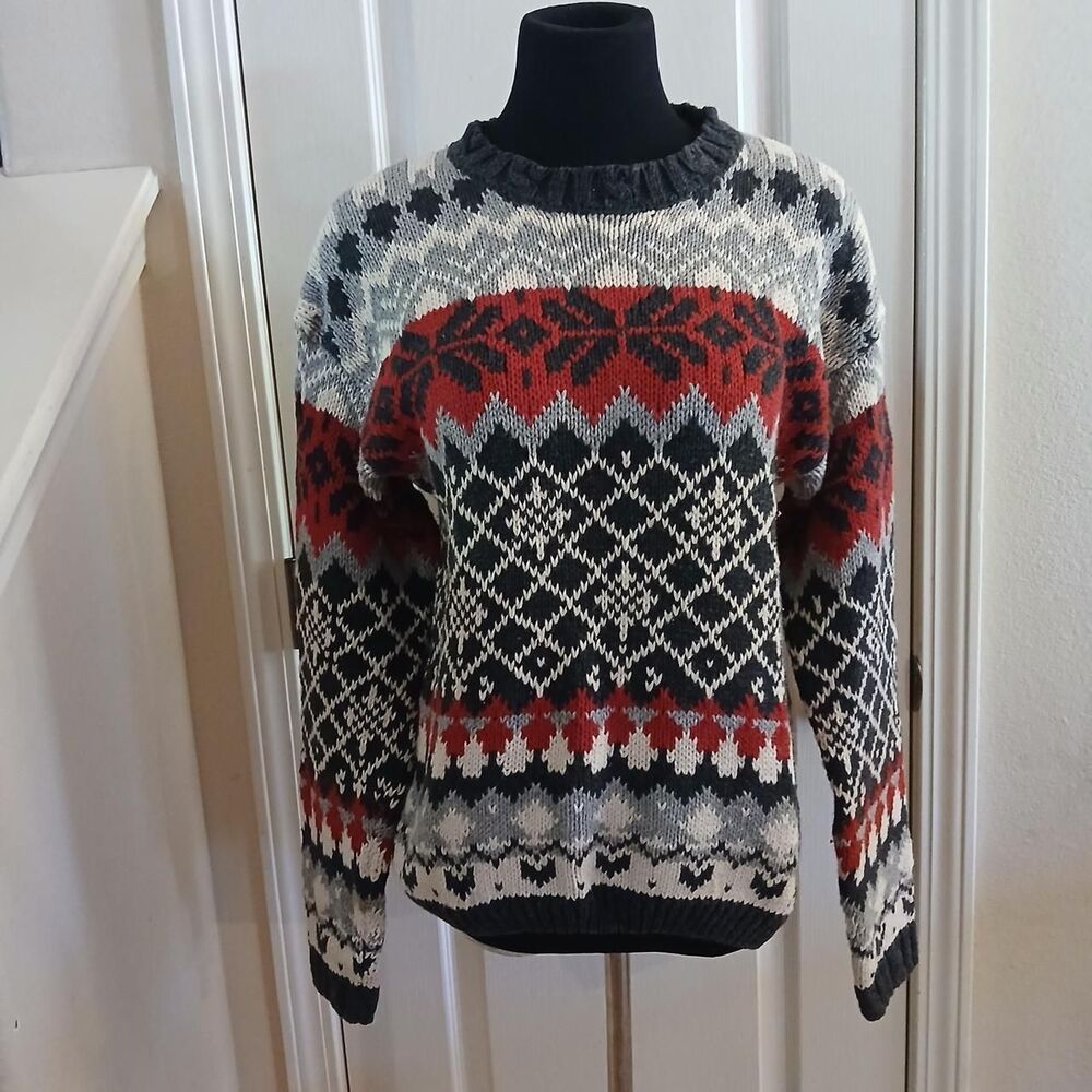 Vintage 90s B. Moss Nordic Fair Isle Geometric Knit Sweater M Retro Ski Cottage